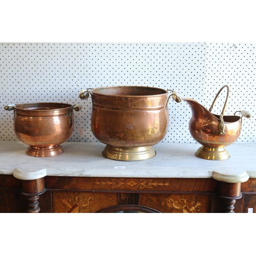 123 - Three French copper jardinières, with blue and white china handles, approx 25cm H x 29cm Dia and sma... 