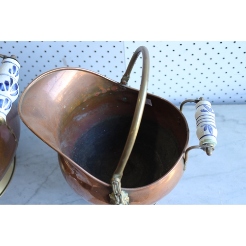 123 - Three French copper jardinières, with blue and white china handles, approx 25cm H x 29cm Dia and sma... 