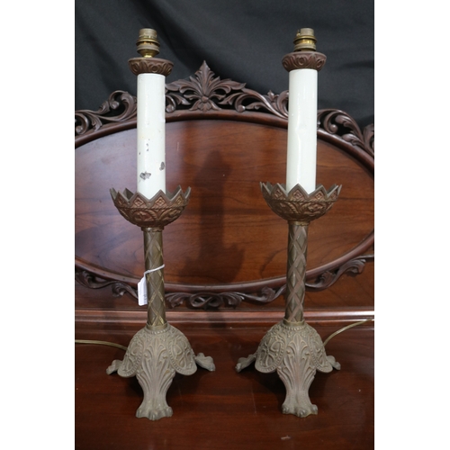 128 - Pair of antique French cast brass lamps, each approx 52cm H (2)
