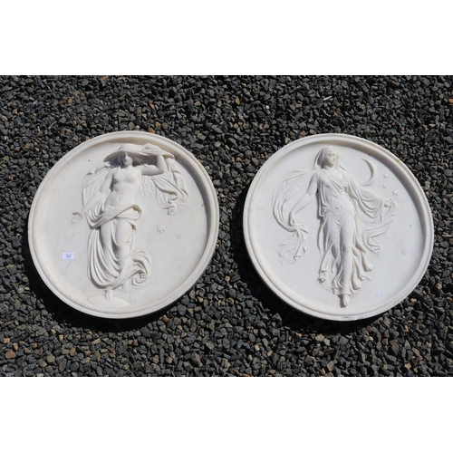 137 - Rare pair of antique carved Italian white marble plaques of classical females amongst the stars, wal... 