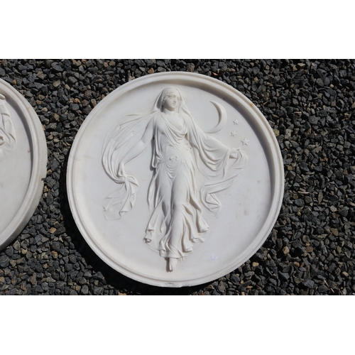 137 - Rare pair of antique carved Italian white marble plaques of classical females amongst the stars, wal... 