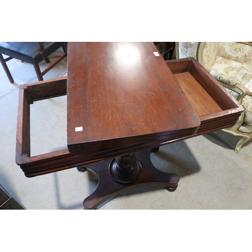 140 - Antique mid 19th century Australian cedar fold over card or games table, with inner cross banded edg... 