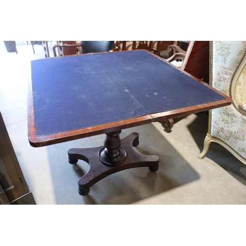 140 - Antique mid 19th century Australian cedar fold over card or games table, with inner cross banded edg... 
