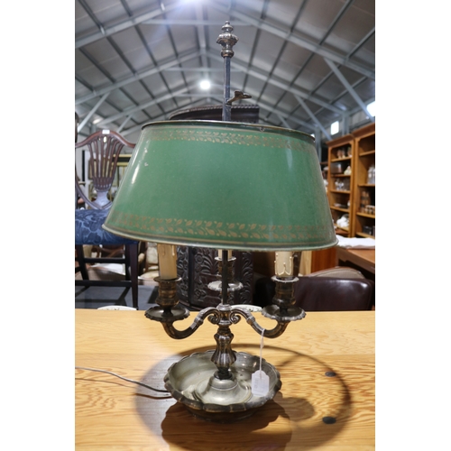 142 - antique French briolette lamp, silvered brass dish base with three lights, green tin shade, approx 6... 