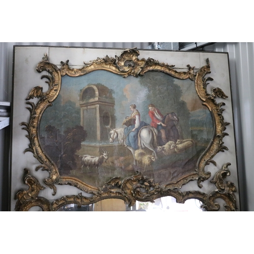 43 - Fine antique French 19th century trumeu mirror, gray painted back board, with applied giltwood scrol... 