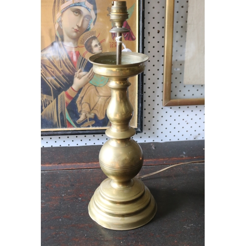 60 - Vintage French turned brass candlestick converted to lamp (European plug), untested, approx 41cm H