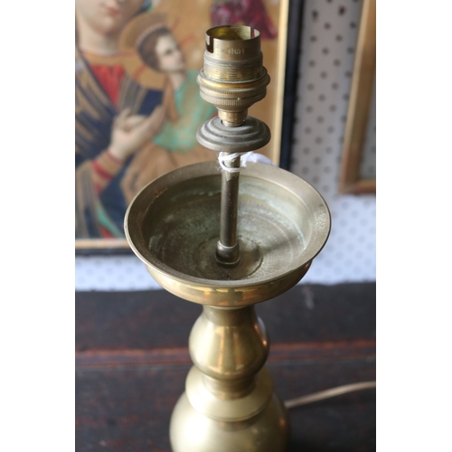 60 - Vintage French turned brass candlestick converted to lamp (European plug), untested, approx 41cm H