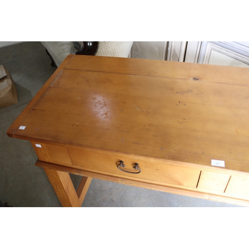 80 - Pine two drawer servery table, approx 81cm H x 154cm W x 59cm D