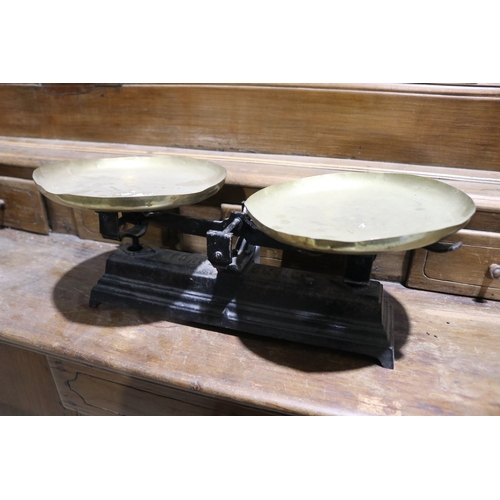 93 - Set of antique French weighing scales with brass pans, approx 17cm H x 47cm W