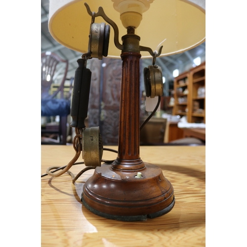 97 - Antique French wooden candlestick phone converted to light, approx 52cm H