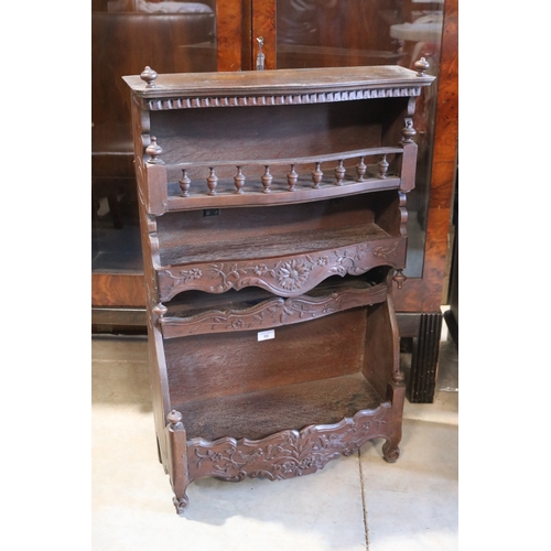 98 - Antique French oak wall rack, well carved shaped front aprons, approx 86cm H x 51cm W x 21cm D