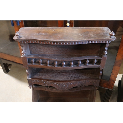 98 - Antique French oak wall rack, well carved shaped front aprons, approx 86cm H x 51cm W x 21cm D