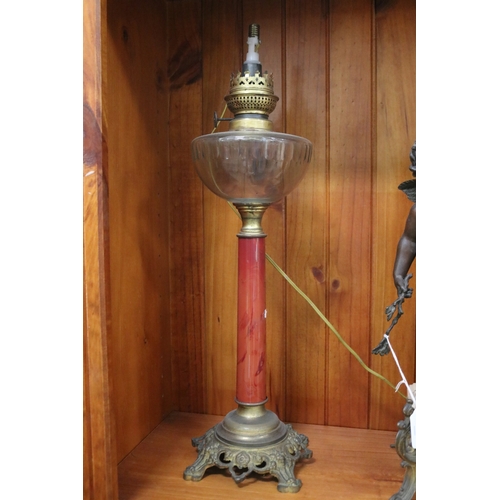 202 - Antique French oil lamp converted to electricity in the burner top, approx 58cm H