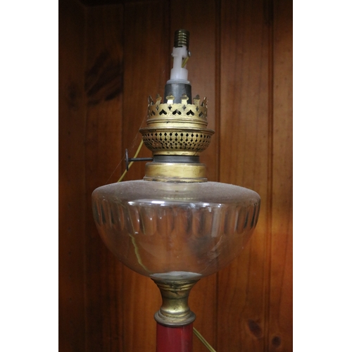 202 - Antique French oil lamp converted to electricity in the burner top, approx 58cm H