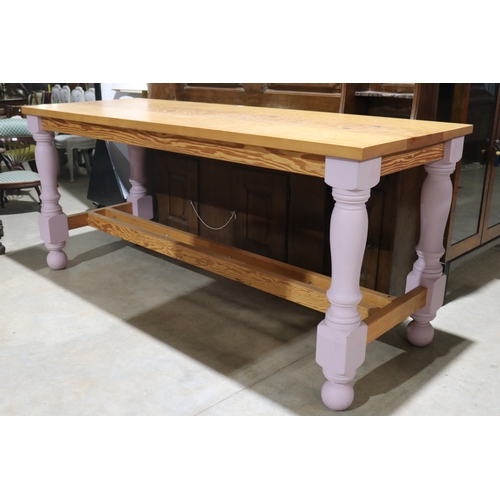 173 - Large turned leg standing height kitchen center table, with pink painted legs, thick slab top, appro... 