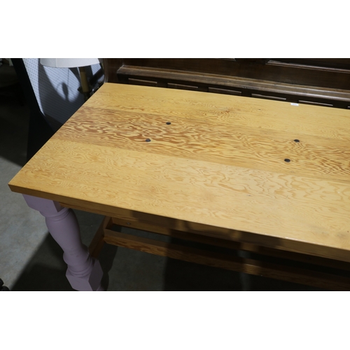 173 - Large turned leg standing height kitchen center table, with pink painted legs, thick slab top, appro... 