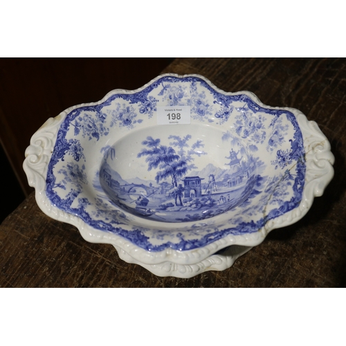 198 - Antique blue and white center bowl, Chinese Marine pattern, a/f, approx 14cm H x 31cm W x 24cm D