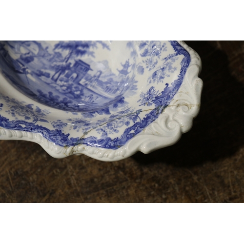 198 - Antique blue and white center bowl, Chinese Marine pattern, a/f, approx 14cm H x 31cm W x 24cm D