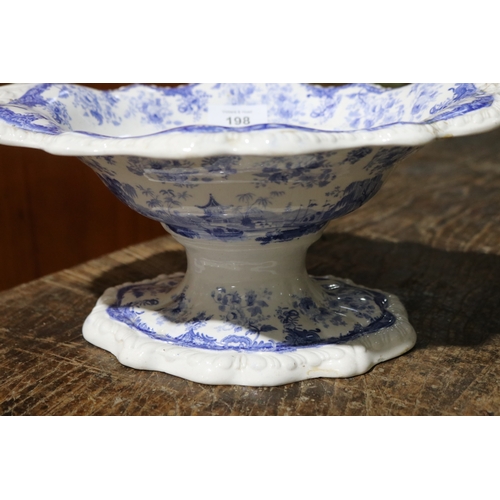 198 - Antique blue and white center bowl, Chinese Marine pattern, a/f, approx 14cm H x 31cm W x 24cm D