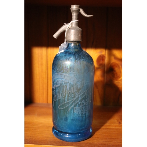 205 - Antique blue glass soda siphon, engraved Jules Maurice, approx 30cm H