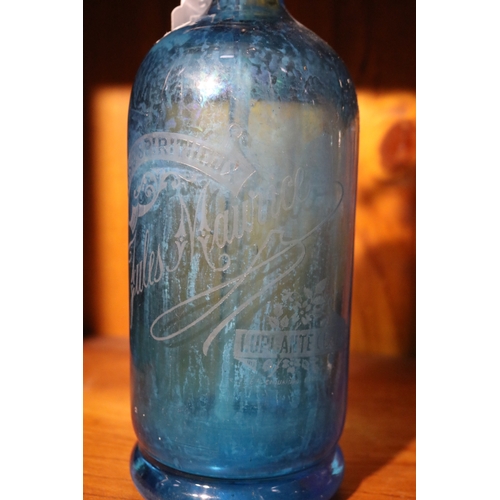 205 - Antique blue glass soda siphon, engraved Jules Maurice, approx 30cm H
