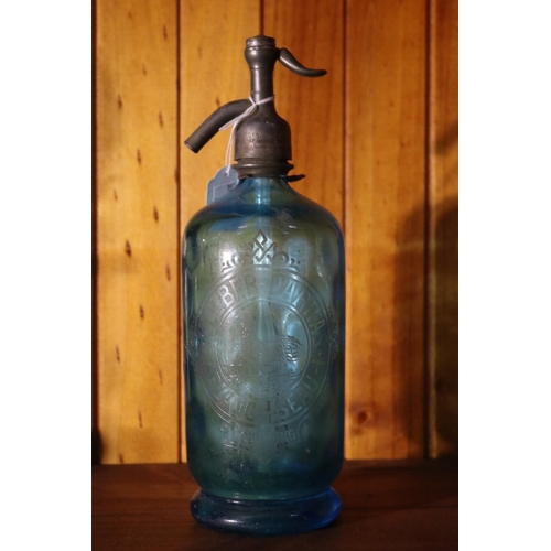 207 - Antique French blue glass soda siphon, molded to the centre with a chicken and Kleber Darras, approx... 