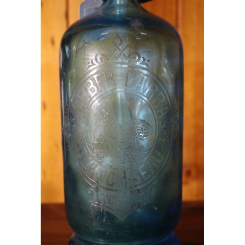 207 - Antique French blue glass soda siphon, molded to the centre with a chicken and Kleber Darras, approx... 