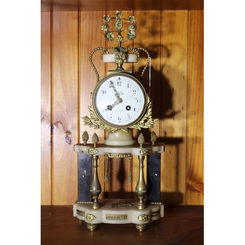 210 - Antique French portico clock, Paris maker, has key but no pendulum, untested, approx 44cm H x 19cm W