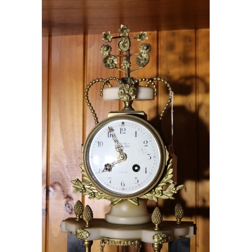 210 - Antique French portico clock, Paris maker, has key but no pendulum, untested, approx 44cm H x 19cm W