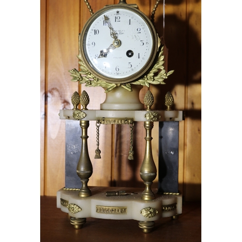 210 - Antique French portico clock, Paris maker, has key but no pendulum, untested, approx 44cm H x 19cm W