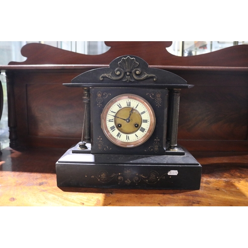 333 - Antique black slate mantle clock, (Missing column)  no key and no pendulum, untested, approx 23cm H ... 