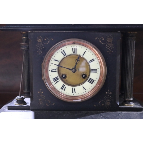 333 - Antique black slate mantle clock, (Missing column)  no key and no pendulum, untested, approx 23cm H ... 