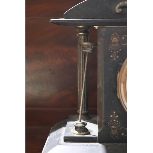 333 - Antique black slate mantle clock, (Missing column)  no key and no pendulum, untested, approx 23cm H ... 