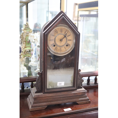 335 - Antique Ansonia clock, no key and no pendulum, untested, approx 50cm H x 34cm W x 13cm D