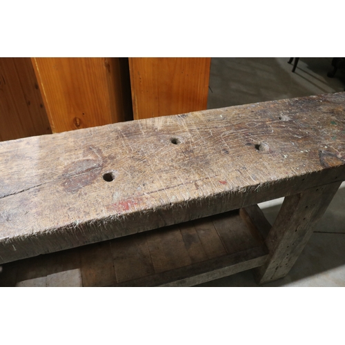 351 - Antique French solid slab top cabinet makers work bench with vice at side , approx 80cm H x 233cm W ... 