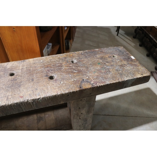 351 - Antique French solid slab top cabinet makers work bench with vice at side , approx 80cm H x 233cm W ... 