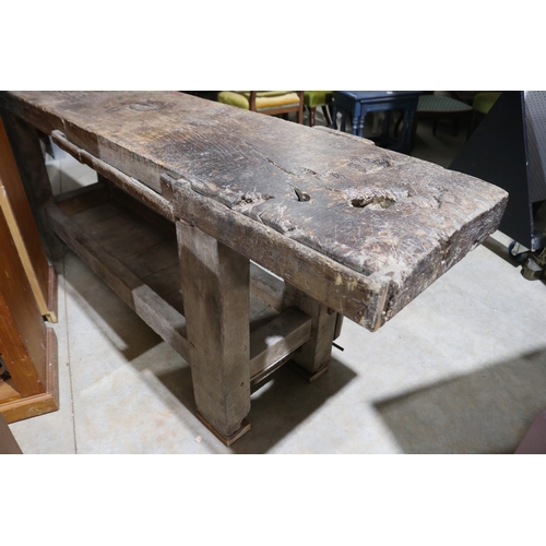 351 - Antique French solid slab top cabinet makers work bench with vice at side , approx 80cm H x 233cm W ... 