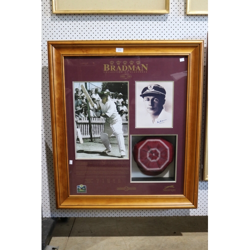 315 - Memorabilia - Framed Bradman cap, titled 'Bradman Collection by Slazenger (1909 - 2001)' with printe... 