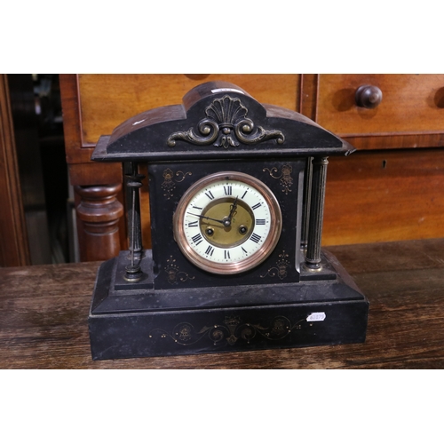 333 - Antique black slate mantle clock, (Missing column)  no key and no pendulum, untested, approx 23cm H ... 