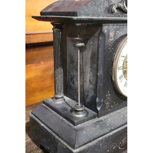 333 - Antique black slate mantle clock, (Missing column)  no key and no pendulum, untested, approx 23cm H ... 