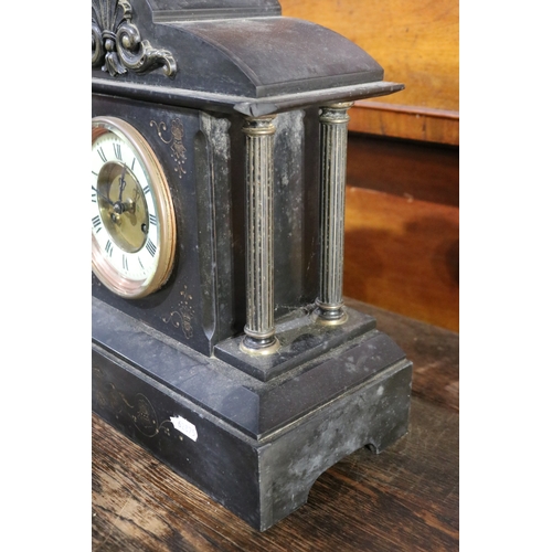 333 - Antique black slate mantle clock, (Missing column)  no key and no pendulum, untested, approx 23cm H ... 