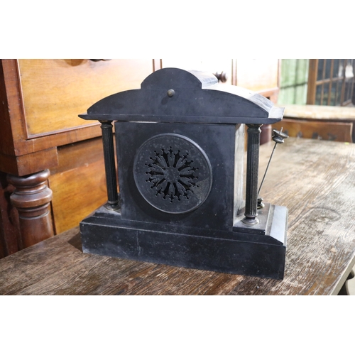 333 - Antique black slate mantle clock, (Missing column)  no key and no pendulum, untested, approx 23cm H ... 