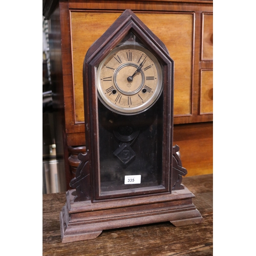 335 - Antique Ansonia clock, no key and no pendulum, untested, approx 50cm H x 34cm W x 13cm D