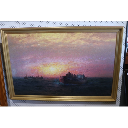 316 - Unattributed (Swedish School), fishing boats at sun set, oil on canvas, signed lower right, approx 7... 