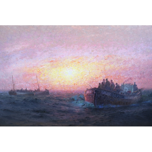 316 - Unattributed (Swedish School), fishing boats at sun set, oil on canvas, signed lower right, approx 7... 