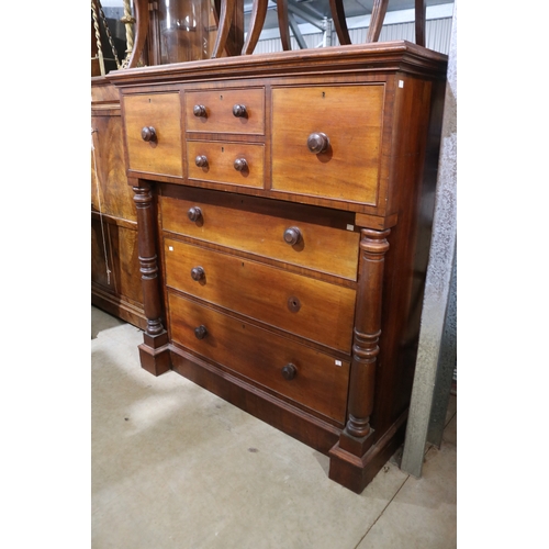 354 - Imposing cantilever front cedar chest of seven drawers, turned columns to the sides, approx 140cm H ... 