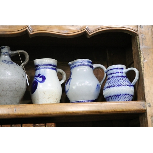 364 - Selection of six antique German blue painted grey pottery pots and jugs, approx 23cm H and shorter (... 