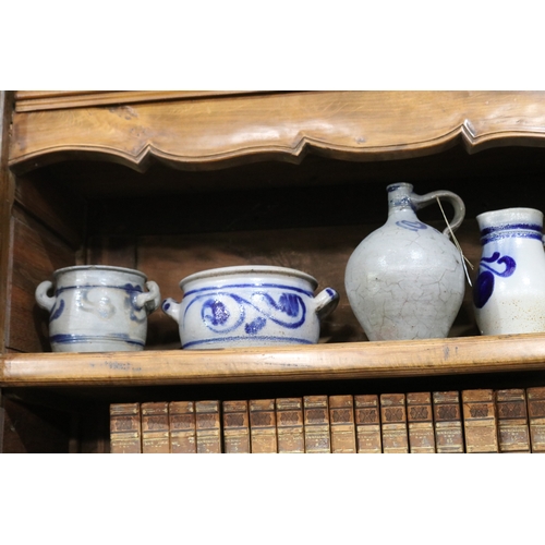 364 - Selection of six antique German blue painted grey pottery pots and jugs, approx 23cm H and shorter (... 