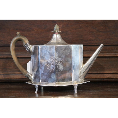 705 - Antique George III hallmarked sterling silver octagonal plain straight sided teapot & stand, both wi... 