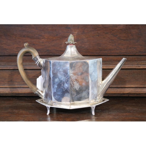 705 - Antique George III hallmarked sterling silver octagonal plain straight sided teapot & stand, both wi... 